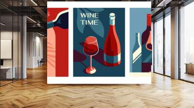 Posters with wine set. Abstract aesthetic banners with alcohol drink, bottles and glasses. Restaurant, evening date and sommelier concept. Cartoon flat vector collection isolated on white background Wall mural