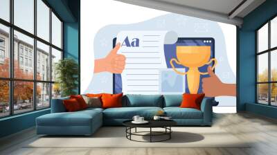 Quality content concept. Golden cup next to article. Text received recognition, interesting content on Internet, award for talented author, creative personality. Cartoon flat vector illustration Wall mural