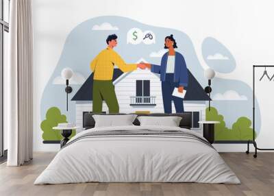 Realtor with client make deal concept. Man buying real estate keys from woman. Young girl selling home or house, private property. Investing savings and trading. Cartoon flat vector illustration Wall mural