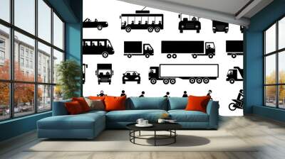 Road transport and transportation icons. Vector cliparts of walking man, bicycle, motorbike, motorist driving car, lorry, van on more. Set of vector illustrations isolated on white background Wall mural