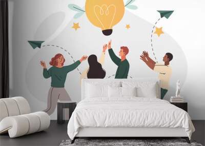 Running away idea. Men and girls launch projects, innovations and start ups. Brainstorming and creative personalities, teamwork in company, flying light bulb. Cartoon flat vector illustration Wall mural