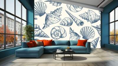 Seamless pattern with seashells. Hand drawn repeating template with sketches of sea creatures and shells of different shapes. Design element for printing. Line art vector illustration Wall mural