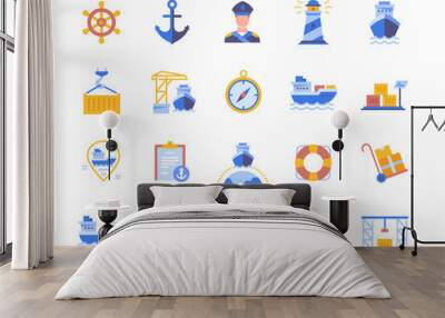 Seaport colorful icon set. Bright stickers with sea vessel, steering wheel, warehouse and crane. Global logistics and shipping industry. Cartoon flat vector collection isolated on white background Wall mural