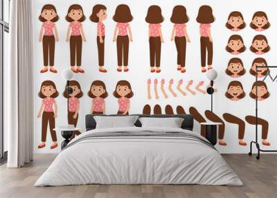 Set for creating animation of mom character. Housewife woman with different emotion, gestures and pose. Arms, legs, face and other elements. Cartoon flat vector collection isolated on white background Wall mural