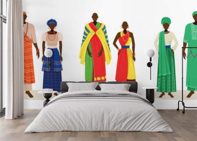 Set of African people in tribal costumes. Men and women in traditional national clothes with accessories and headdresses. Residents of Nigeria. Cartoon flat vector collection isolated on white Wall mural