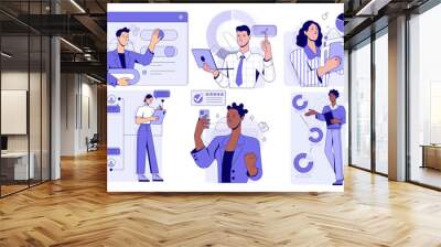 Set of business activity scenes. Company growth, developing strategy to increase profits, achieving financial success and analyzing charts. Flat vector illustrations isolated on white background Wall mural