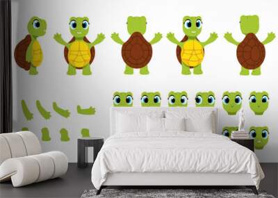 Set of Character Constructor for Animation. Body of cute turtle in different poses and movements. Legs, arms and facial expressions. Cartoon flat vector illustrations isolated on white background Wall mural