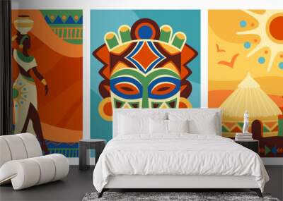 Set of colorful African posters. Banners with beautiful african american girl in traditional dress, tribal ethnic mask and settlement with houses. Cartoon flat vector collection isolated on white Wall mural