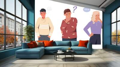 Set of confused people of different genders. Male and female character in thought. Metaphor for making decisions and finding answers. Cartoon flat vector collection isolated on white background Wall mural