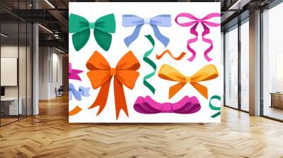 Set of cute ribbons and bows. Icons or symbols with charming decorative bowknot for gift packaging. Elegant accessories. Cartoon vector illustration collection isolated on white background Wall mural