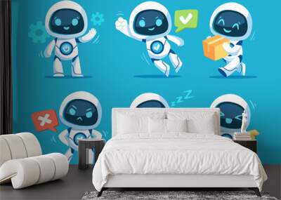 Set of cute white robots. Cyber characters with lightning bolts, cross sign, tick, box in hands and adjustment cogs. Artificial intelligence. Cartoon flat vector collection isolated on blue background Wall mural