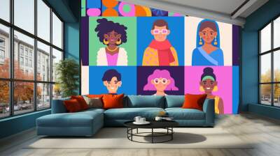 Set of diverse community with various male and female characters on colorful backgrounds. Colorful collection with young people or business team in trendy clothes. Flat cartoon vector illustration Wall mural