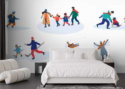 Set of eight different vector family activities in winter with parents and young children making a snowman, skiing, skating, tobogganing, playing ice hockey, celebrating in the snow and shopping Wall mural