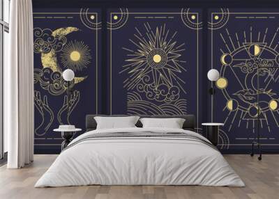 Set of five mystery cards in black and gold with intricate designs over a black background, colored vector illustration Wall mural