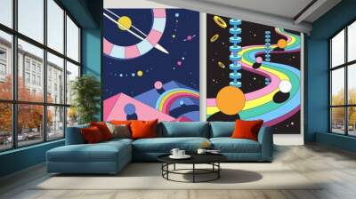 Set of four different bright colorful abstract designs with planets and winding road in geometric shapes for posters and cards, colored vector illustrations Wall mural