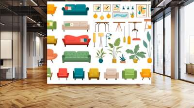 set of furniture and decorations for house. colorful stickers with sofas, armchairs, paintings, pott Wall mural