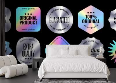 Set of holographic labels. Silver Hologram stickers of different shapes with text stamps. Original product, guarantee and premium quality. Marketing Labels. Vector illustration isolated on background Wall mural