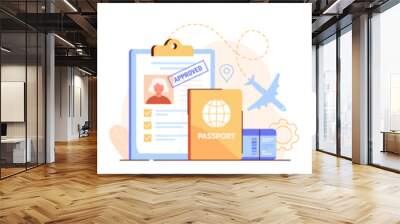 Set of immigration. Man with suitcase on background of planet, documents and passport. Woman with little girl at passport control. Cartoon flat vector illustrations isolated on white background Wall mural