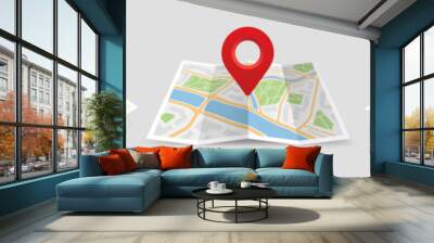 Set of maps with pin. Icons with folded city map and red direction pointer. GPS navigation, route movement and location search. Realistic 3D vector illustration collection isolated on background Wall mural