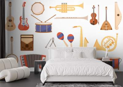 Set of musical instruments. Collection of icons for website. Acoustic and electric guitars, drums, saxophone and trumpet, maracas. Cartoon flat vector illustrations isolated on white background Wall mural