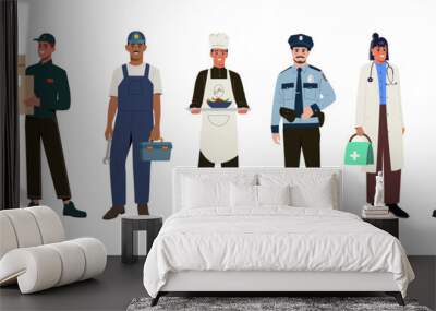 Set of people of different professions. Men and women in uniform of doctor, nurse, fireman, cook, policeman, courier and plumber. Job or occupation. Cartoon flat vector collection isolated on white Wall mural