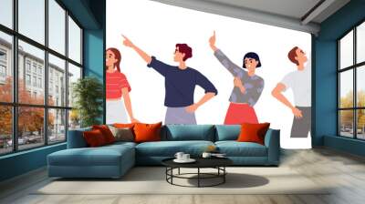 Set of people pointing upward with finger. Happy men and women looking up at something in sky. Dreamy characters in search of goals. Flat vector collection isolated on white background Wall mural