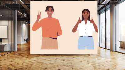 Set of people showing hand gestures. Happy men and women express positive emotions through body language. Heart, ok, thumbs up and peace signs. Cartoon flat vector illustrations isolated on background Wall mural