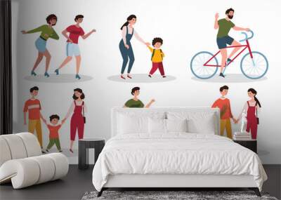 Set of People walk. Characters walking with dog, couple, family or child. Men and women spend time together. Person rides bicycle. Cartoon flat vector collection isolated on white background Wall mural