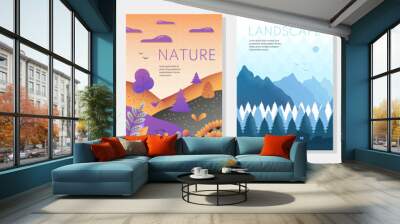 Set of posters with Nature and landscape. Banners with different seasons. Autumn leaves, mountains with snowy slopes, spring flowering plants and village fields. Cartoon flat vector collection Wall mural