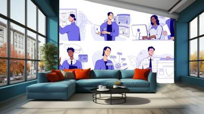 Set of scenes at office. Workers and employees of company perform business tasks, communicate with colleagues and develop strategy for success. Flat vector illustrations isolated on background Wall mural