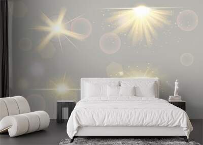 Set of shining spotlights on transparent background. Glowing light effect with gold rays and beams. Flat cartoon vector illustration Wall mural