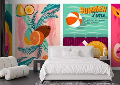 Set of Summer vibe posters. Sunny postcards with girl eating watermelon, refreshing cocktail, sea beach and exotic fruits. Cover design. Cartoon flat vector illustrations isolated on white background Wall mural