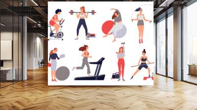 Set of women in gym. Girls do physical exercises with dumbbells and running on treadmill. Workout, fitness, sports and active lifestyle. Cartoon flat vector illustrations isolated on white background Wall mural