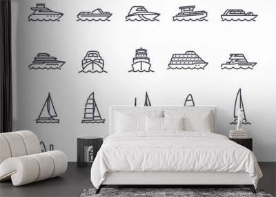 Ships line icons set. Simple symbols with yacht, kayak, inflatable boat, sailboat and motor ship. Sea transport. Editable stroke. Outline vector illustration collection isolated on white background Wall mural