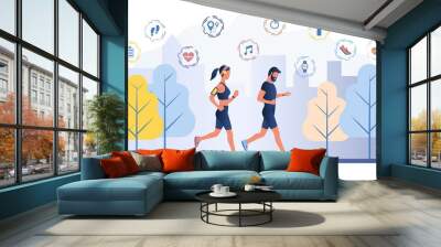 Smart workout concept with two joggers, a man using a sport watch and the woman listening to music on a mobile phone strapped to her arm, vector illustration Wall mural