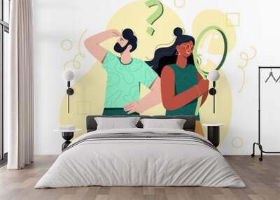 Smiling male and female characters are looking for something and with magnifying glass on white background. Concept of business search or research, development. Flat cartoon vector illustration Wall mural