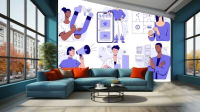 Social Media Marketing illustrations set. Men and women create content plans and attract new audiences. Advertising, promotion and SEO. Flat vector collection isolated on white background Wall mural