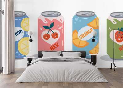 Soda bottle fruit set. Collection of lemonades and cocktails in aluminum cans. Cold drinks with lemon, cherry, orange and strawberry. Cartoon flat vector illustrations isolated on white background Wall mural