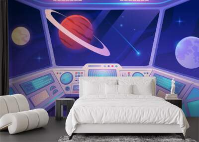 Spaceship interior. Colorful poster with view from cockpit of rocket to planets and stars in outer space. Design element for mobile game or application. Cartoon flat vector illustration Wall mural