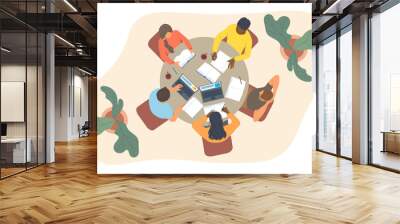 Students working in group. Distance learning. Top view of teenagers preparing for lessons. Teamwork, people think about presentation. Cartoon flat vector illustration isolated on white background Wall mural