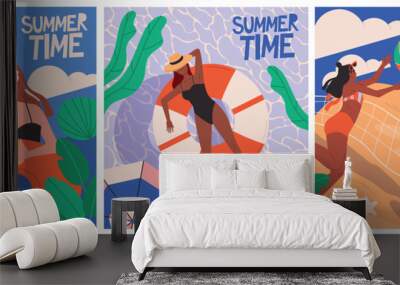 Summer Time Posters Set. Friends playing beach volleyball, girl swimming in pool and family relaxing at sea. Summer holiday or vacation. Cartoon flat vector illustrations isolated on white background Wall mural