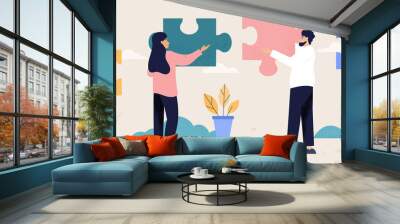 Teamwork and collaboration concept with people with puzzle pieces Wall mural