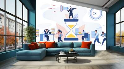 Time management concept. Multiracial office workers trying to finish work on time. Working in high stress conditions and under hard boss pressure. Vector illustration Wall mural