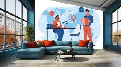 Travel company concept. Woman advises man country for travel, tourism, vacation and recreation. Employee with client. Young guy with map planning joint trip. Cartoon flat vector illustration Wall mural