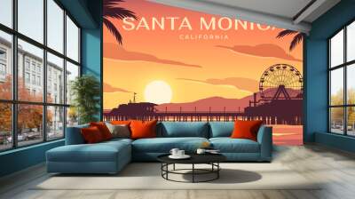 Travel destination poster. Landscape with silhouettes of palm trees, pier, Ferris wheel and sea waves at sunset. Scenery Santa Monica, California. Tourism and journey. Cartoon vector illustration Wall mural