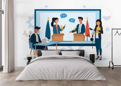 Tv presenters provide live coverage of the meeting of world leaders live. Live streaming concept. Online news. Flat vector cartoon illustration with fictional characters. Wall mural