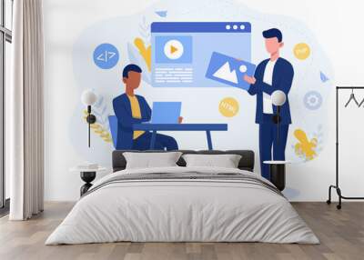 Two male characters making front end development. Business team using minimalistic dashboard and analyze data. Flat cartoon vector illustration Wall mural