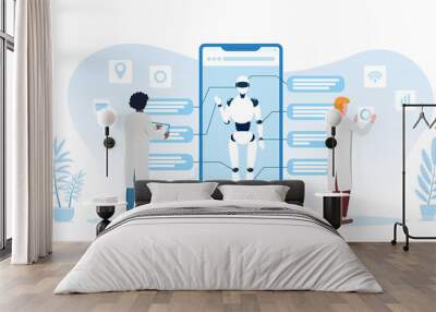 Two scientists developing a digital robot hooked to a computer in cool blue tones in a futuristic technology concept, vector illustration Wall mural