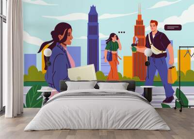 Urban lifestyle scene. Man and women in casual clothes walk in modern city. Colorful buildings and skyscrapers. Pedestrian and citizens in sunny day. Cartoon flat vector illustration Wall mural