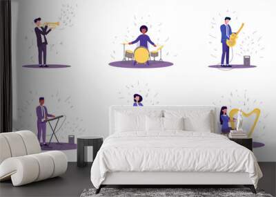 Vector illustration of group of musicians. People playing on trumpet, harp, synthesizer, guitar,drums and singing into microphone Wall mural